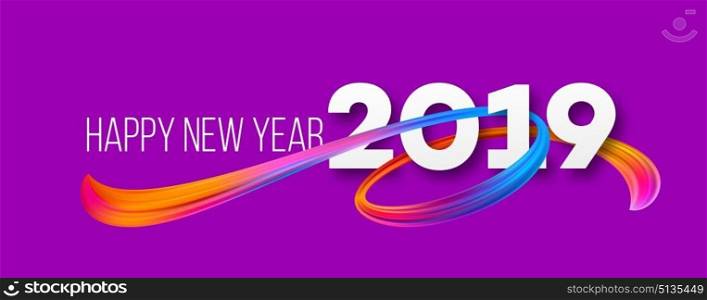 Happy New Year 2019 banner design. Vivid acrylic brushstrokes on purple background. New Year greeting. Oil paint ribbon smear. Rainbow brush stroke texture. Postcard design element. Isolated vector. Happy New Year 2019 banner design