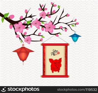 Happy New Year 2019 Blossom greeting card. Chinese New Year of the pig (hieroglyph Pig)