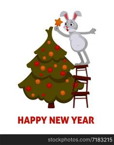 Happy New Year 2019, bunny decorating evergreen pine Christmas tree vector. Spruce decoration by hare, fluffy rabbit with star standing on ladder, reaching top of fir, baubles and toys design. Happy New Year 2019, bunny decorating evergreen Christmas tree