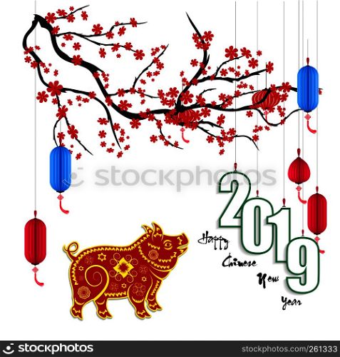 Happy New Year 2019. Chienese New Year, Year of the Pig. Cherry blossom background