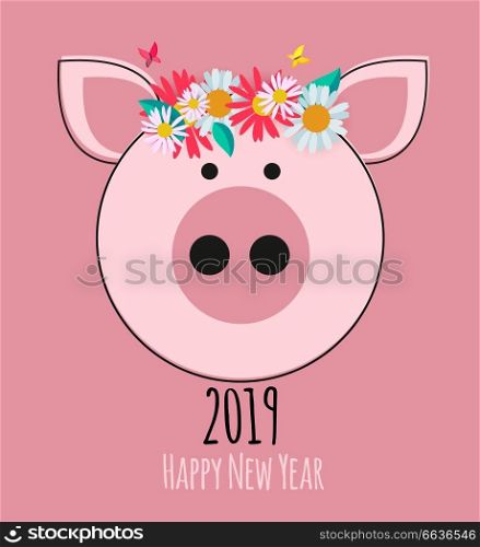 Happy New Year 2019 cute card design with cartoon pig. Vector Illustration EPS10. Happy New Year 2019 cute card design with cartoon pig. Vector Illustration
