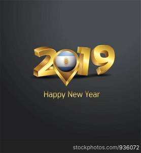 Happy New Year 2019 Golden Typography with Argentina Flag Location Pin. Country Flag Design