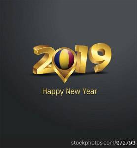 Happy New Year 2019 Golden Typography with Chad Flag Location Pin. Country Flag Design