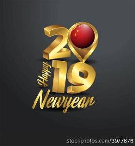 Happy New Year 2019 Golden Typography with China Flag Location Pin. Country Flag Design