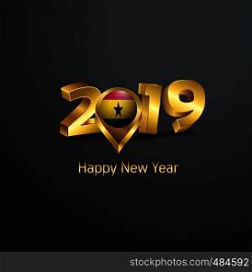 Happy New Year 2019 Golden Typography with Ghana Flag Location Pin. Country Flag Design