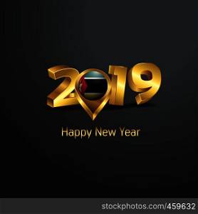Happy New Year 2019 Golden Typography with Mozambique Flag Location Pin. Country Flag Design
