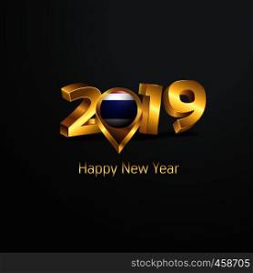 Happy New Year 2019 Golden Typography with Thailand Flag Location Pin. Country Flag Design
