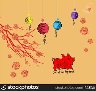 Happy new year 2019 greeting card and chinese new year of the pig, Cherry blossom background