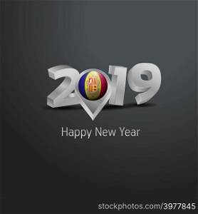 Happy New Year 2019 Grey Typography with Andorra Flag Location Pin. Country Flag Design
