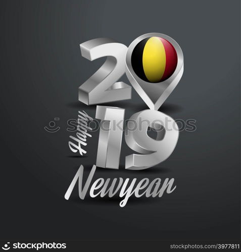 Happy New Year 2019 Grey Typography with Belgium Flag Location Pin. Country Flag Design