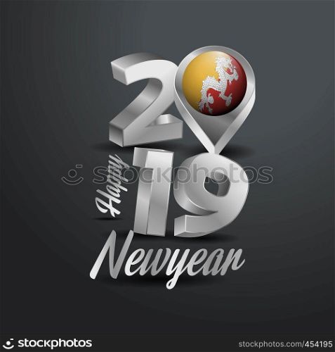 Happy New Year 2019 Grey Typography with Bhutan Flag Location Pin. Country Flag Design