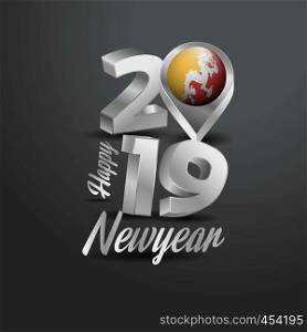 Happy New Year 2019 Grey Typography with Bhutan Flag Location Pin. Country Flag Design