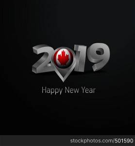 Happy New Year 2019 Grey Typography with Canada Flag Location Pin. Country Flag Design