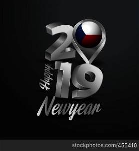 Happy New Year 2019 Grey Typography with Czech Republic Flag Location Pin. Country Flag Design