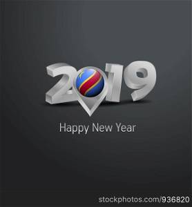 Happy New Year 2019 Grey Typography with Democratic Republic of the Congo Flag Location Pin. Country Flag Design