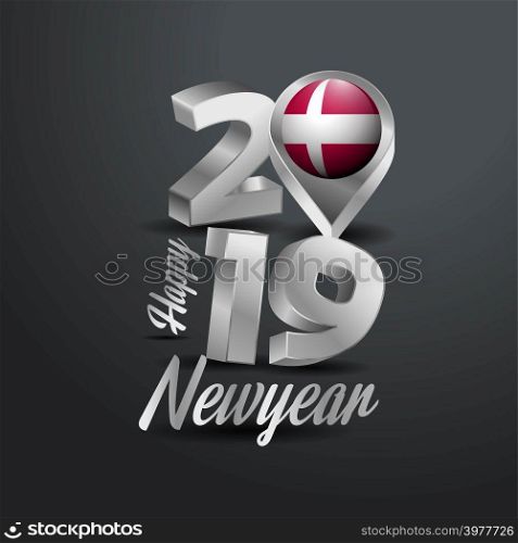 Happy New Year 2019 Grey Typography with Denmark Flag Location Pin. Country Flag Design