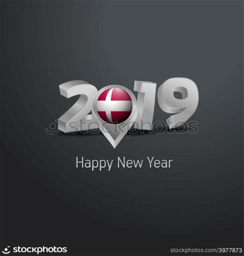 Happy New Year 2019 Grey Typography with Denmark Flag Location Pin. Country Flag Design