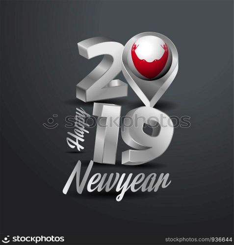 Happy New Year 2019 Grey Typography with Easter Island Rapa Nui Flag Location Pin. Country Flag Design