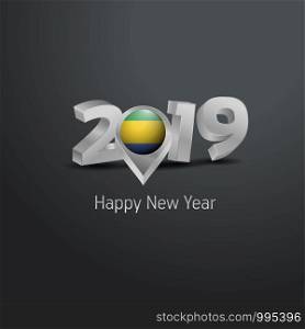 Happy New Year 2019 Grey Typography with Gabon Flag Location Pin. Country Flag Design