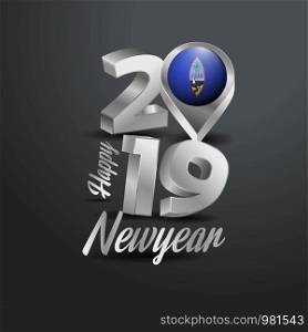 Happy New Year 2019 Grey Typography with Guam Flag Location Pin. Country Flag Design