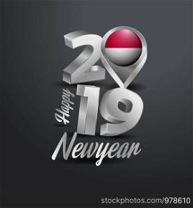 Happy New Year 2019 Grey Typography with Indonesia Flag Location Pin. Country Flag Design