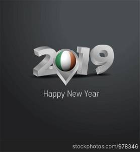 Happy New Year 2019 Grey Typography with Ireland Flag Location Pin. Country Flag Design
