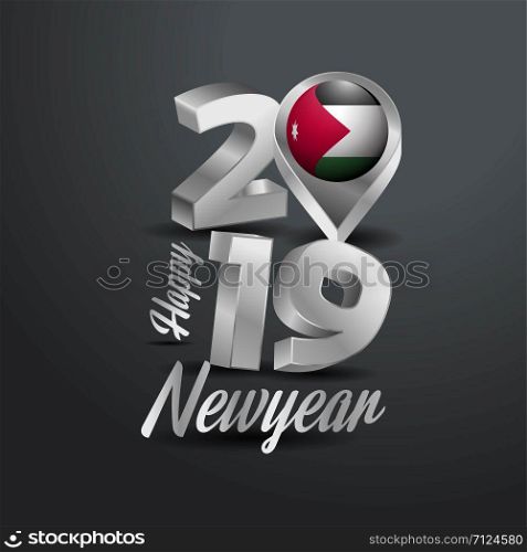 Happy New Year 2019 Grey Typography with Jordan Flag Location Pin. Country Flag Design