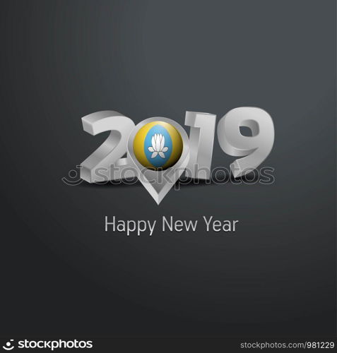 Happy New Year 2019 Grey Typography with Kalmykia Flag Location Pin. Country Flag Design