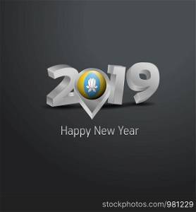 Happy New Year 2019 Grey Typography with Kalmykia Flag Location Pin. Country Flag Design