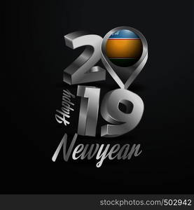 Happy New Year 2019 Grey Typography with Karakalpakstan Flag Location Pin. Country Flag Design