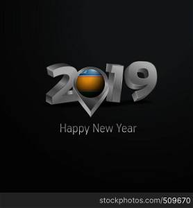 Happy New Year 2019 Grey Typography with Karakalpakstan Flag Location Pin. Country Flag Design