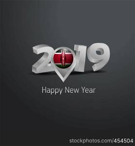 Happy New Year 2019 Grey Typography with Kenya Flag Location Pin. Country Flag Design