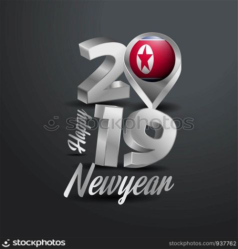 Happy New Year 2019 Grey Typography with Korea North Flag Location Pin. Country Flag Design