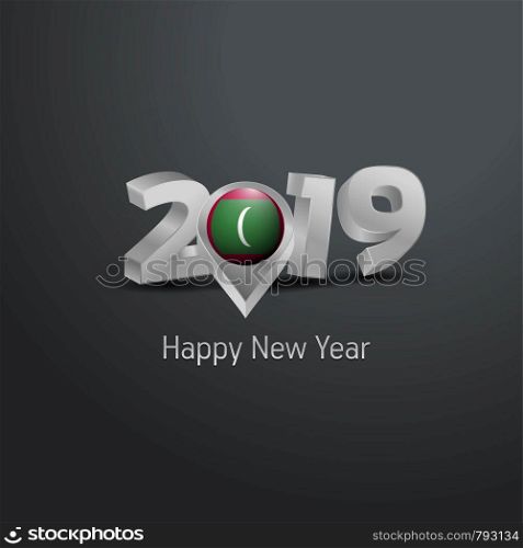 Happy New Year 2019 Grey Typography with Maldives Flag Location Pin. Country Flag Design