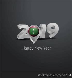 Happy New Year 2019 Grey Typography with Maldives Flag Location Pin. Country Flag Design