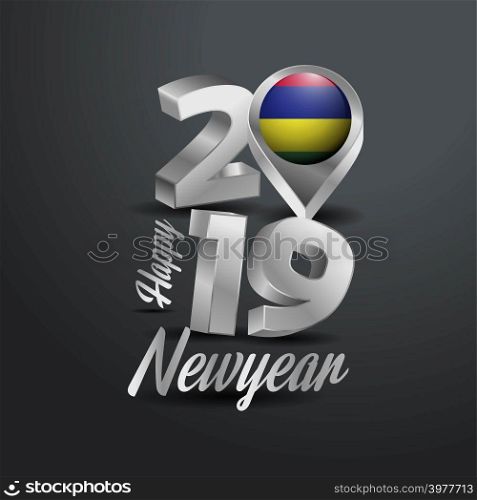 Happy New Year 2019 Grey Typography with Mauritius Flag Location Pin. Country Flag Design
