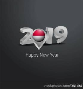 Happy New Year 2019 Grey Typography with Monaco Flag Location Pin. Country Flag Design
