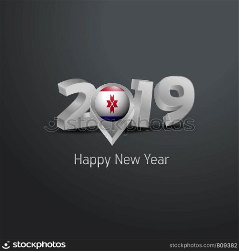 Happy New Year 2019 Grey Typography with Mordovia Flag Location Pin. Country Flag Design