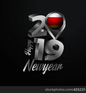 Happy New Year 2019 Grey Typography with North Ossetia Flag Location Pin. Country Flag Design
