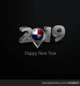 Happy New Year 2019 Grey Typography with Panama Flag Location Pin. Country Flag Design