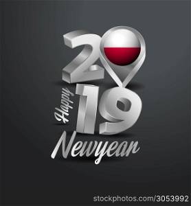 Happy New Year 2019 Grey Typography with Poland Flag Location Pin. Country Flag Design