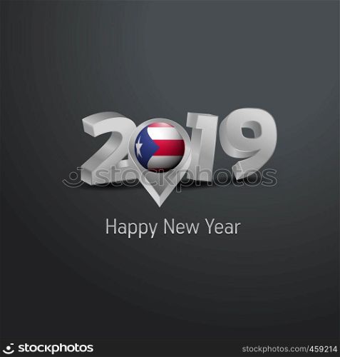 Happy New Year 2019 Grey Typography with Puerto Rico Flag Location Pin. Country Flag Design