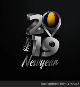 Happy New Year 2019 Grey Typography with Romania Flag Location Pin. Country Flag Design