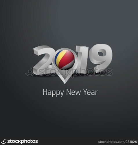 Happy New Year 2019 Grey Typography with Seychelles Flag Location Pin. Country Flag Design
