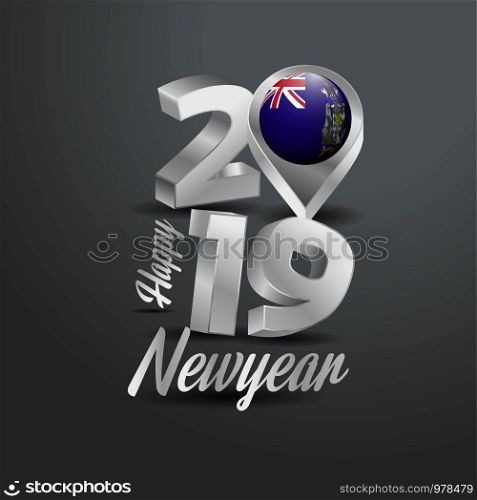 Happy New Year 2019 Grey Typography with South Georgia Flag Location Pin. Country Flag Design