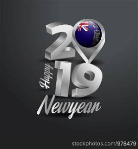 Happy New Year 2019 Grey Typography with South Georgia Flag Location Pin. Country Flag Design