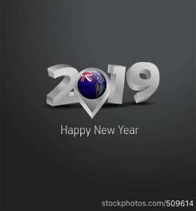 Happy New Year 2019 Grey Typography with Tristan da Cunha Flag Location Pin. Country Flag Design