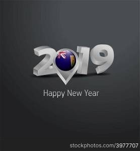 Happy New Year 2019 Grey Typography with Turks and Caicos Islands Flag Location Pin. Country Flag Design