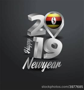 Happy New Year 2019 Grey Typography with Uganda Flag Location Pin. Country Flag Design