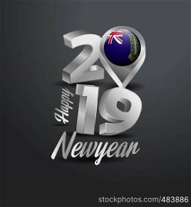 Happy New Year 2019 Grey Typography with Virgin Islands UK Flag Location Pin. Country Flag Design